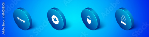 Set Isometric Kayak, Acorn, Inukshuk and Canadian maple leaf icon. Vector