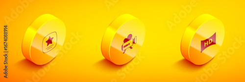Set Isometric Walk of fame star, Retro cinema camera and Hd movie, tape, frame icon. Vector