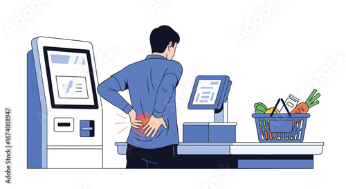 Man experiencing lower back pain while standing at a self-checkout counter in a grocery store shopping for essentials