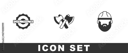 Set Electric circular saw, Wooden axe and Lumberjack icon. Vector