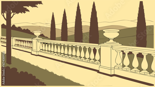 Landscape art of a decorative balcony with trees and mountains in the background.