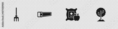 Set Garden rake, Hand saw, Apple in the sack and Tree icon. Vector