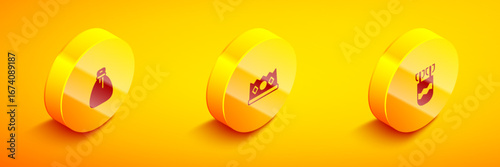 Set Isometric Old money bag, King crown and Quiver with arrows icon. Vector