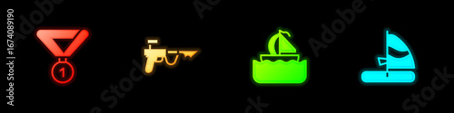 Set Medal, Fishing harpoon, Yacht sailboat and Windsurfing icon. Vector