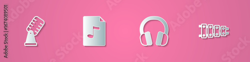 Set paper cut Microphone, MP3 file document, Headphones and Xylophone icon. Paper art style. Vector