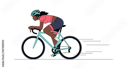 An athletic woman rides her bicycle in an aerodynamic position wearing cycling gear and a helmet on a white background