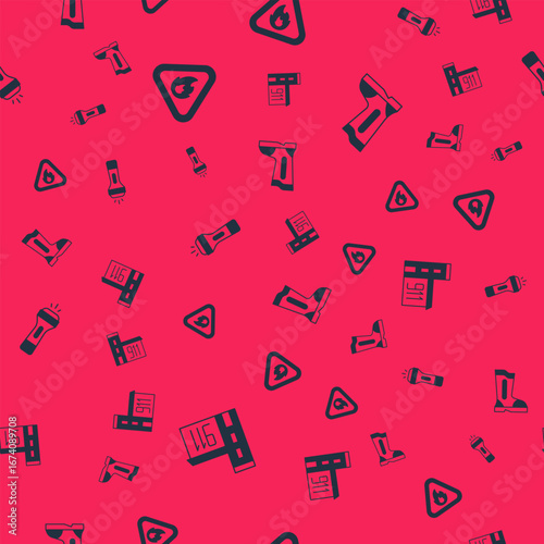 Set Building of fire station, Fire flame triangle, Flashlight and boots on seamless pattern. Vector