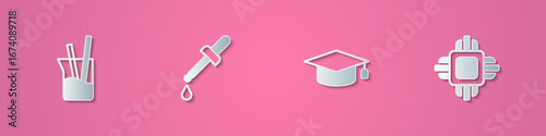 Set paper cut Laboratory glassware, Pipette, Graduation cap and Processor CPU icon. Paper art style. Vector