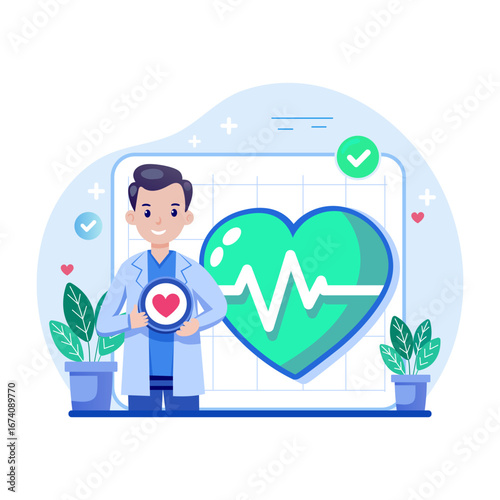 A flat style illustration showing heart doctor consultation
