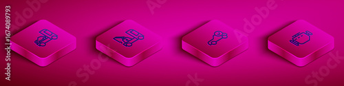 Set Isometric line Car transporter truck, Tow, Auto service check automotive and Check engine icon. Vector
