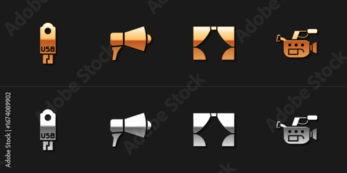 Set USB flash drive, Megaphone, Curtain and Cinema camera icon. Vector