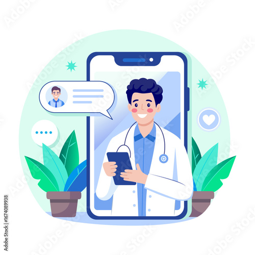 A flat style illustration showing a telehealth consultation