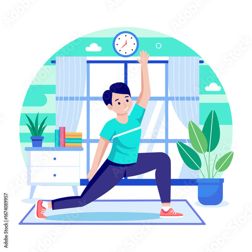 Flat illustration showing a character exercising in a room