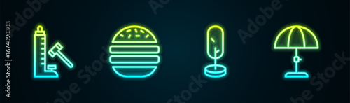 Set line Striker attraction with hammer, Burger, Tree and Sun protective umbrella. Glowing neon icon. Vector