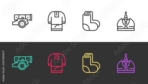 Set line Cannon, Kosovorotka, Valenki and King crown on black and white. Vector