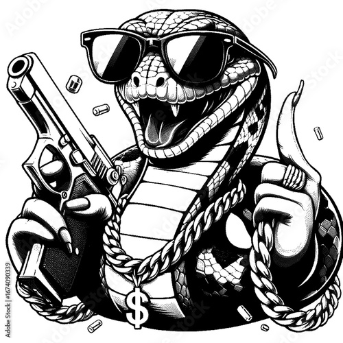 Snake wearing sunglasses holding a gun