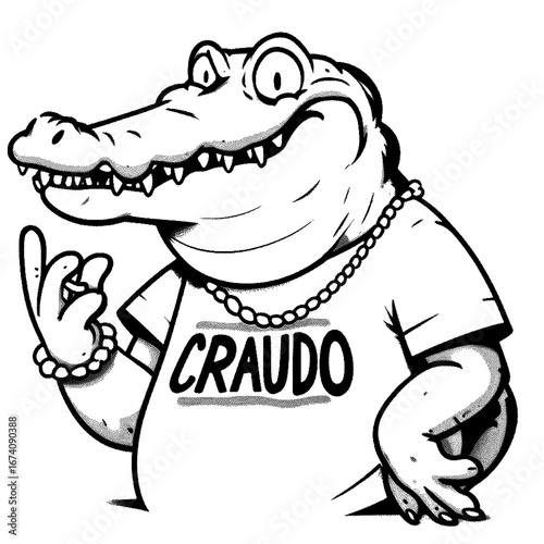 Cartoon alligator wearing a tshirt and necklace