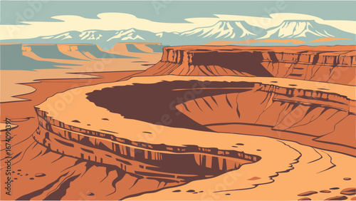 Stunning Aerial View of a Desert Canyon Landscape with Mountain Range in Background.