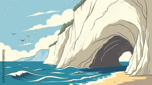 Scenic Coastal Illustration Cliffs Sea and Beach.