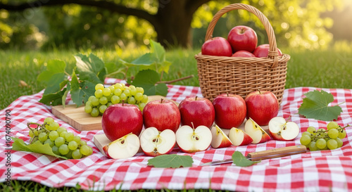 Freshly picked apples and grapes on a picnic blanket outdoors