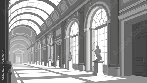 A Grand Architectural Hallway in Grayscale.