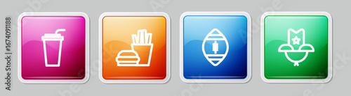 Set line Paper glass with straw, Burger and french fries, American Football ball and Western cowboy hat. Colorful square button. Vector