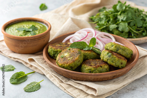 Hara bhara kabab served with mint chutney and onions