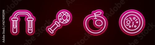 Set line Test tube and flask, DNA research, search, Genetically modified apple and Petri dish with bacteria. Glowing neon icon. Vector