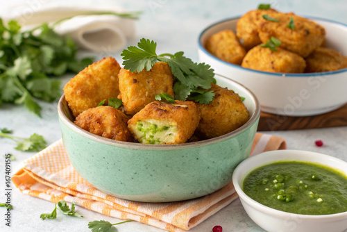 Paneer pakora served with green chutney and salad