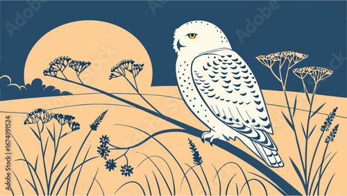 Snowy Owl perched on a branch at night stylized illustration wildlife art nature scene bird artwork moonlit landscape.