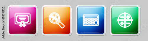 Set line Certificate template, Magnifying glass with percent, Calculator and XYZ Coordinate system. Colorful square button. Vector