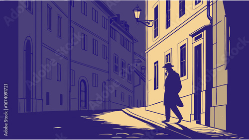 A mysterious figure walks down a narrow dimly lit street at night passing old buildings.