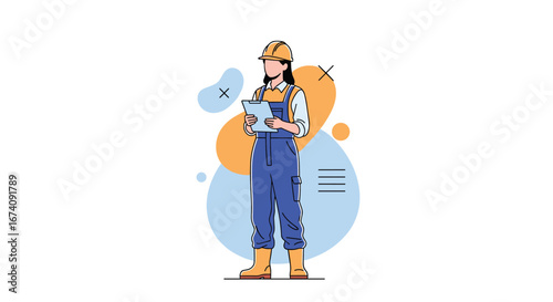 Skilled female worker holding a tablet inspecting a construction site safely