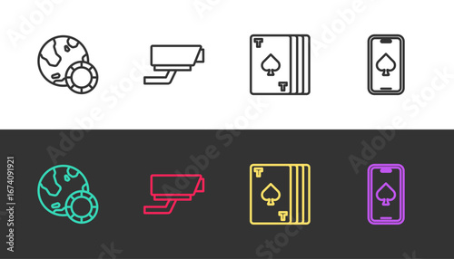 Set line Casino chips, Security camera, Deck of playing cards and Online poker table game on black and white. Vector