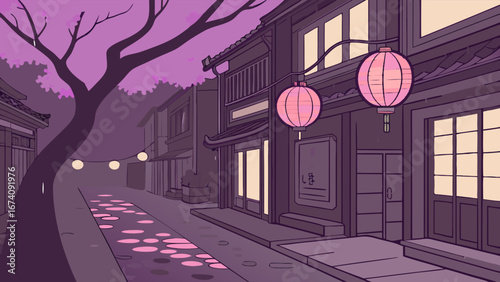 Night Street Scene with Lanterns and Blossom Tree Asian Inspired Illustration Anime Style Background.