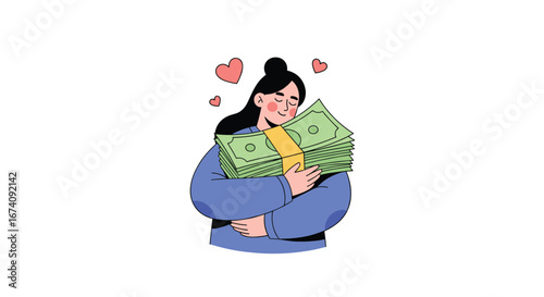 Young woman happily hugging a large stack of money feeling financial prosperity and wealth accumulation