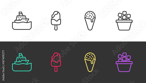 Set line Cruise ship, Ice cream, in waffle cone and bucket on black and white. Vector