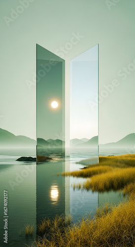 Reflective Geometric Structures Mirroring a Serene Landscape and a Brilliant Sun over Calm Water