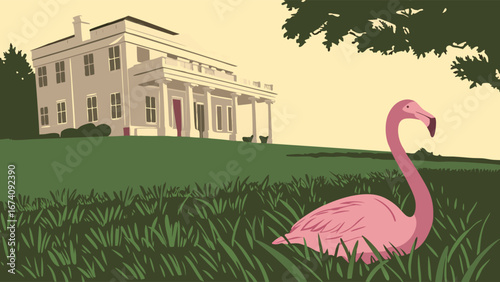 A pink bird resting in tall grass with a white house in the background.