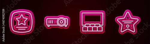 Set line Walk of fame star, Movie, film, media projector, Cinema auditorium with screen and . Glowing neon icon. Vector