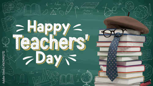 Vector art of happy teachers day greeting on a chalkboard background with a stack of books dressed as a teacher, complete with glasses and tie