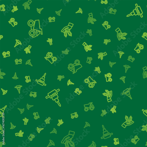 Set line Mining dump truck, Construction jackhammer and Gem stone on seamless pattern. Vector