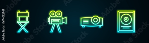 Set line Director movie chair, Retro cinema camera, Movie, film, media projector and CD disk award frame. Glowing neon icon. Vector