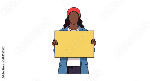 Young woman holding a blank yellow sign demonstrating for a cause or campaign