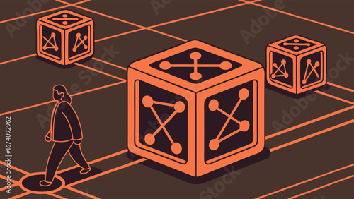 Abstract Illustration of a Person Navigating a Network of Interconnected Cubes.