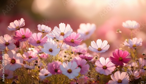 blossom s gentle kiss delicate cosmos flowers in soft shades of pink and white bathed in a gentle radiant glow the gentle touch of sunlight enhances their petals