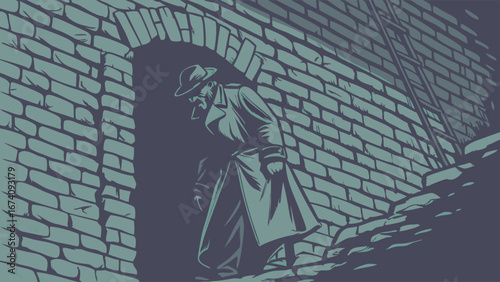 Mysterious Figure in Alleyway at Night Detective Shadowy Vintage Illustration Crime Scene Noir Style Urban Scene Dark Background.