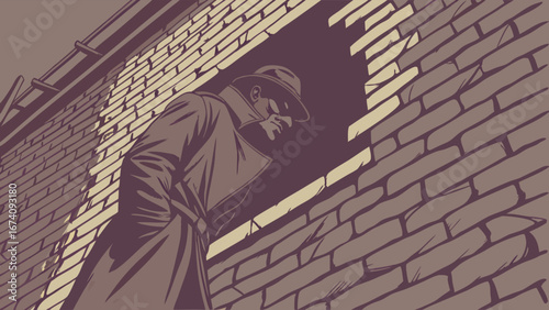 Mystery Figure Silhouette in Trench Coat Standing Near Brick Wall.