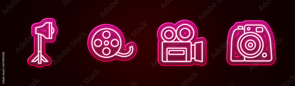 Fototapeta premium Set line Studio light bulb in softbox, Film reel, Retro cinema camera and Photo. Glowing neon icon. Vector