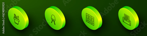 Set Isometric line Plant in pot, Office chair, folders and Printer icon. Vector